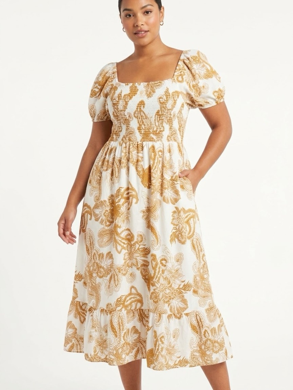 Lapogee White Mustard Yellow Floral Paisley Smocked Midi Dress Pockets